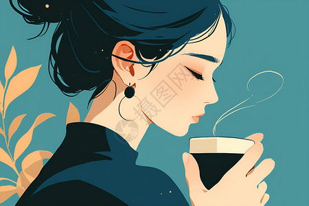 丸子发型女性手握咖啡杯插画