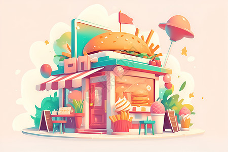 快餐零食欢乐的汉堡屋插画