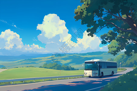 公交车车身畅行高速的白色大巴插画
