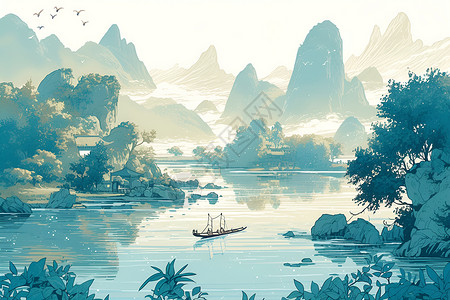 河船中国山水画插画
