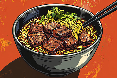 碗里的美食碗里的牛肉面插画