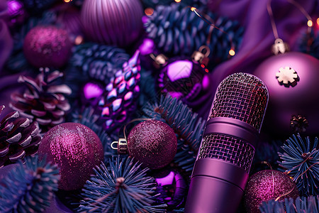 紫色节日邀请函音响与圣诞装饰品背景