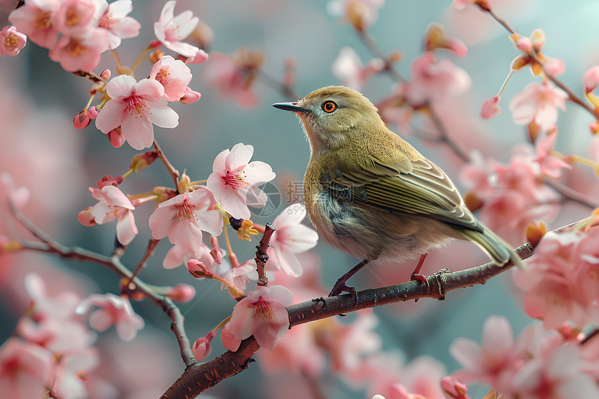 优雅的鸟栖息在樱花树上图片