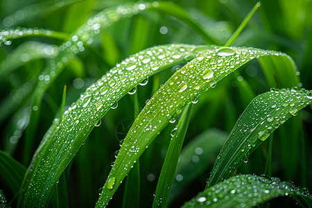 闪亮露珠绿草水稻叶上的露珠背景