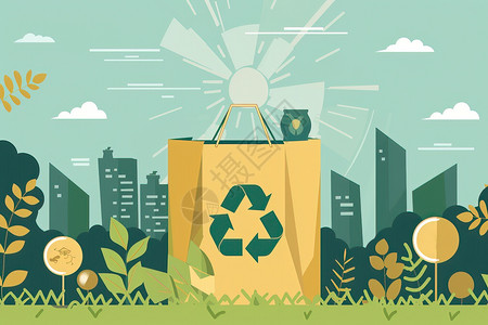 无限循环符号草地上的绿色环保袋插画