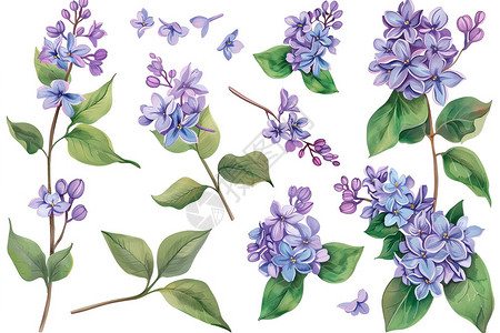 紫色丁香花束花海中的花束插画