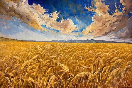 金黄色的麦田与蓝天背景图片