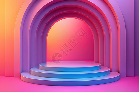 3D几何展台彩虹拱门空间插画