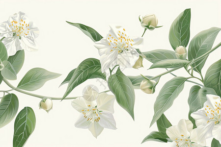 白色点缀绿叶点缀雪白花朵插画