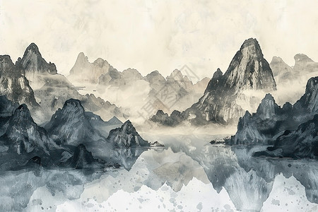 云雾天空云雾缭绕的山水画插画
