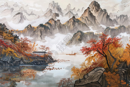 山林湖畔风景画湖畔的树木与船只插画