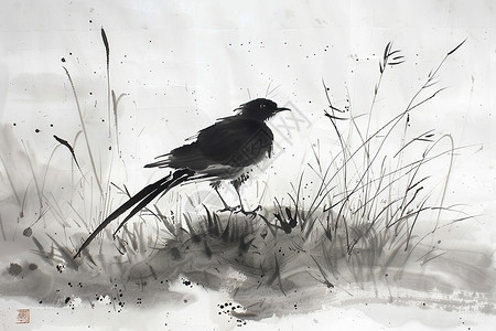 草地上的黑鸟插画