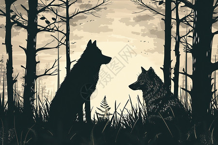 动物狼森林里两只狼插画