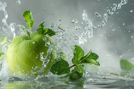 带露水的苹果水中飞溅的绿苹果背景