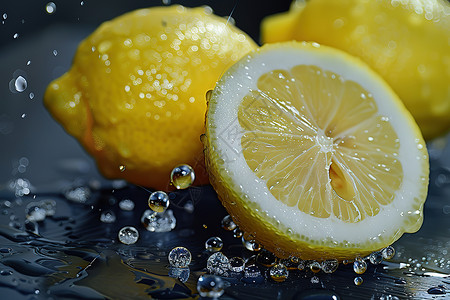 水滴柠檬桌上切开的新鲜柠檬背景