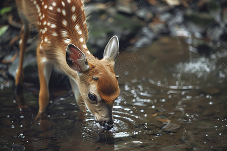 森林中的小鹿喝着溪水高清图片
