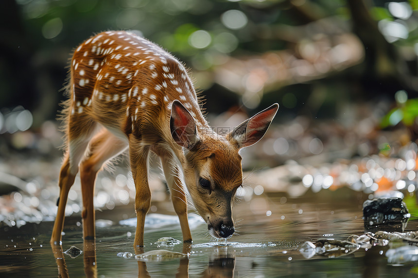 森林中的小鹿饮水图片