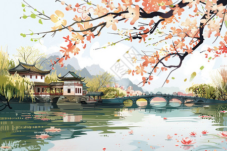 松花江上江上的桥和房屋插画
