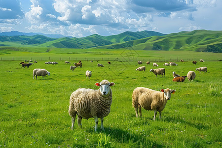 放肆吃羊群站在草地上背景