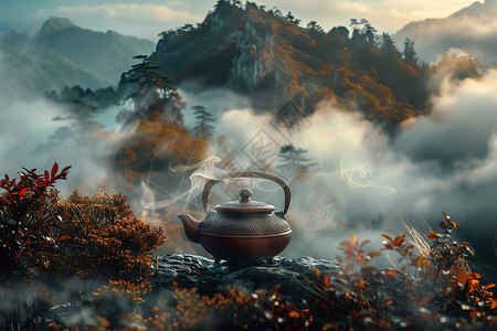 山丘松树林雾气森林中的茶壶设计图片