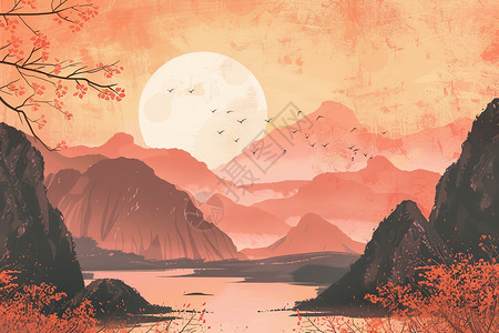 江河素材夕阳下的江河与山脉插画