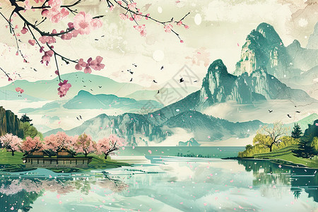 有前景的写字楼湖泊前景有樱花树插画