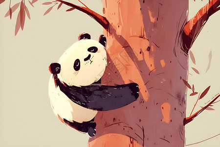 攀登卡通熊猫攀登树木插画