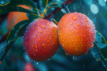 二个芒果在水里水滴挂在芒果上背景