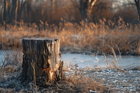 枯草丛秋冬湖边的树桩背景