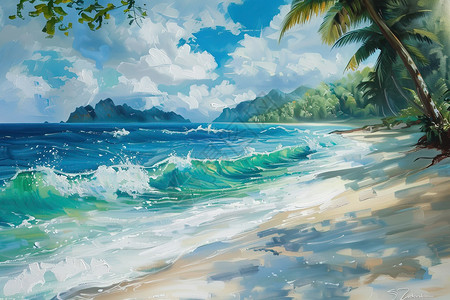 美丽的海滩大海油画素材高清图片