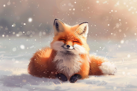 雪地中的红狐插画