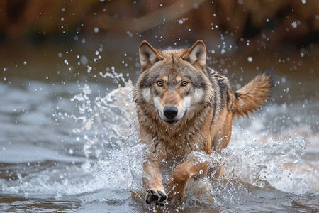 奔跑中保时捷狼奔跑于溪流中背景