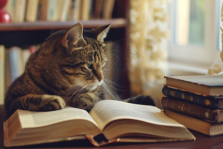 书本旁边的小猫背景图片