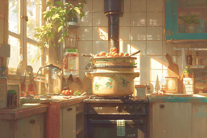 晨光映照下的中国厨房图片
