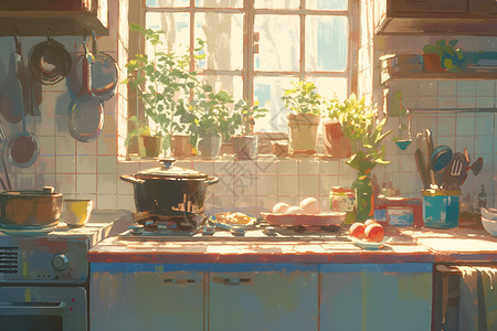 美食家居暖阳下的厨房插画