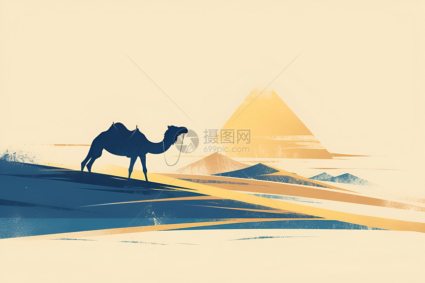沙漠中的金字塔与骆驼图片