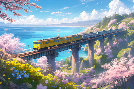 美丽动漫樱花火车穿越美丽春天插画