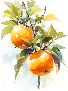 水果油画油画风格的两颗柿子插画