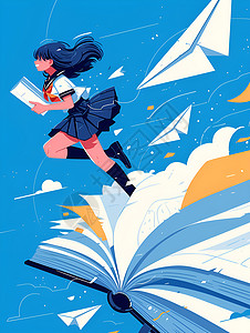跳跃的少女少女踏着书本在空中放飞纸飞机插画