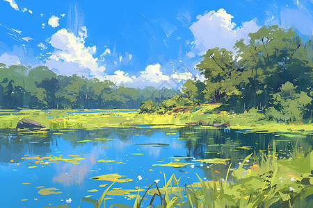 湖边的绘画风景背景图片