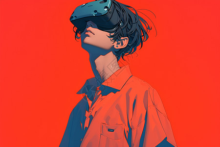 现实与虚拟科技红色背景上的科技少年插画