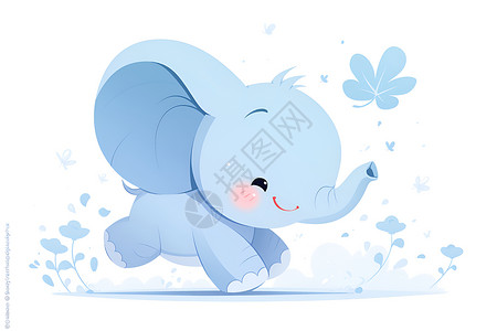 可爱的小象小象与蝴蝶嬉戏插画
