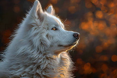 目光机遇朝阳照耀下的白色狗狗背景