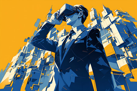 现实与虚拟科技佩戴虚拟现实眼镜的男子插画