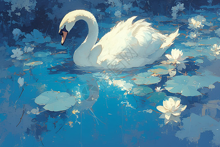 天鹅油画湖畔静谧的天鹅插画