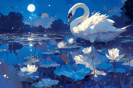 天鹅油画宁静之湖中的天鹅插画