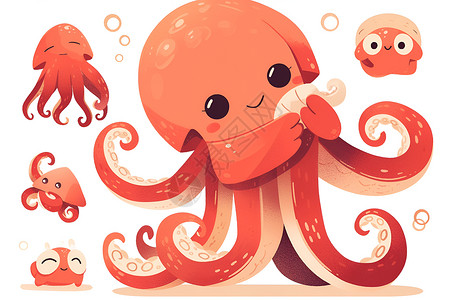 可爱的红色章鱼插画
