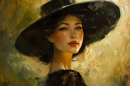 黑裙子华丽女士带着帽子的油画插画