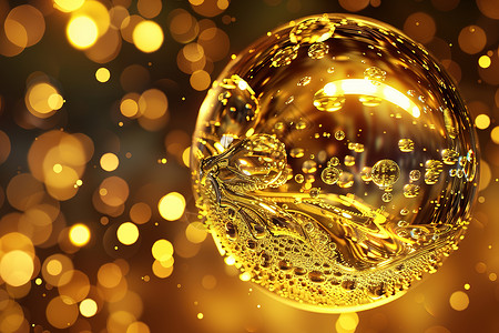 金色球体抽象金色背景中的液体水滴设计图片