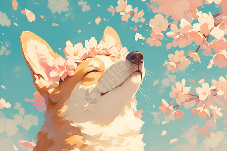 樱花树下的可爱小狗背景图片